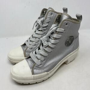 DKNY Chunky Lug Boot Metallic Silver Canvas Lace Up Sneaker Womens Size 10